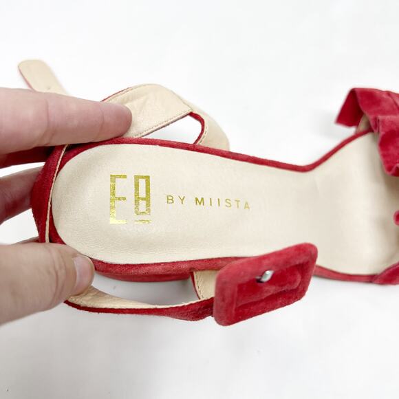 [E8 By Miista] Red Suede Leather Sandie Ruffle Strap Block Heel Sandals Size 5.5 - Picture 9 of 12
